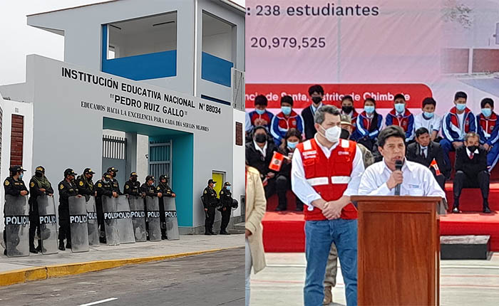 Pórtico blanco del colegio con la inscripción «Institución Educativa Nacional N° 88034 Pedro Ruiz Gallo» y lema institucional, con efectivos policiales formados frente al muro.