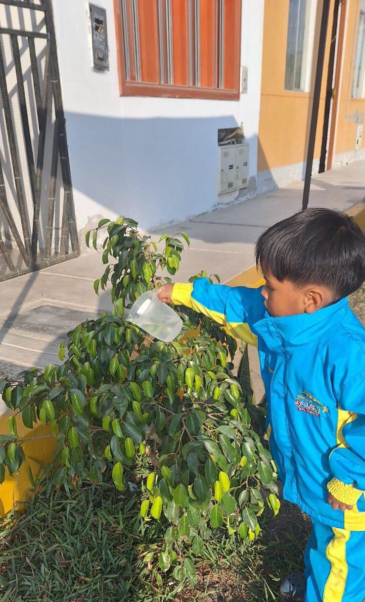 Niño con buzo azul y amarillo de la Estrella de Belén regando una planta