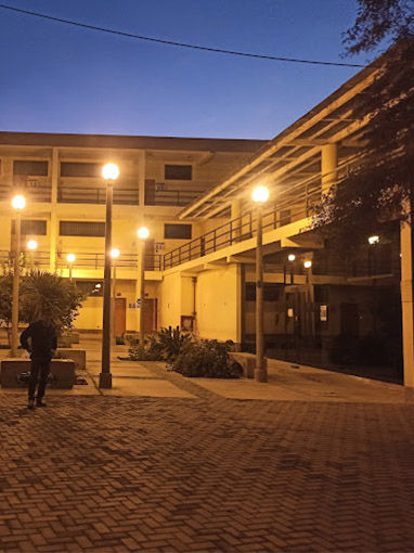 Pabellón de la UNS iluminado durante actividad nocturna