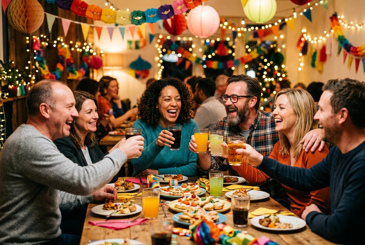 Amigos adultos reunidos alrededor de una mesa, conversando y riendo