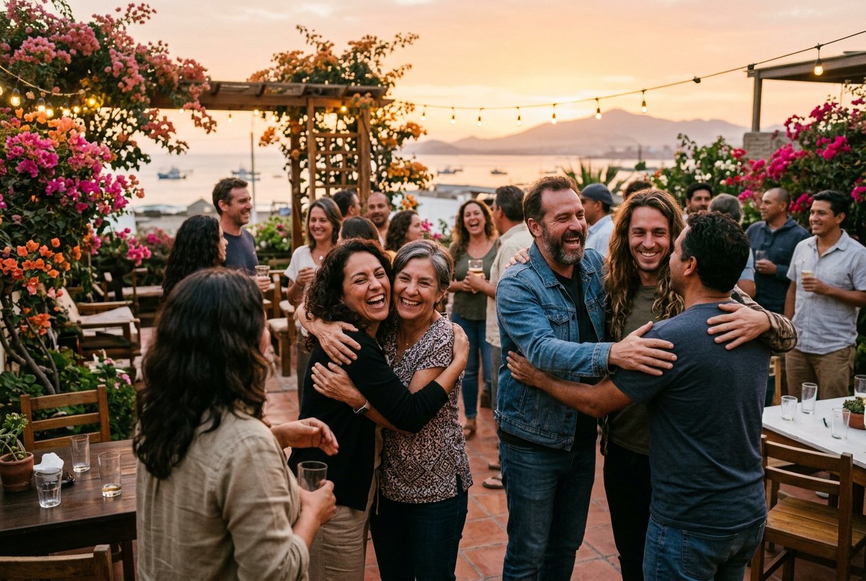 Amigos adultos reencontrándose con abrazos y sonrisas