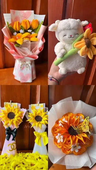 Ramos de flores amarillas, girasoles y tulipanes de cinta con peluches: Andrea Detalles, florería y regalos en Santa