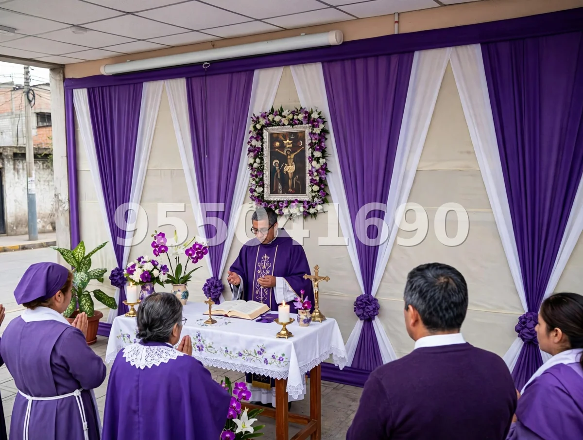 Fondo de altar Señor de los Milagros diseño 1: el clásico de la casa, con caída amplia y marco dorado