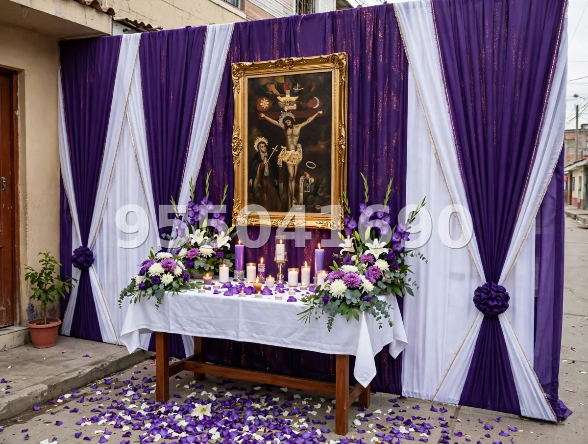 Fondo de altar Señor de los Milagros diseño 1: el clásico de la casa, con caída amplia y marco dorado