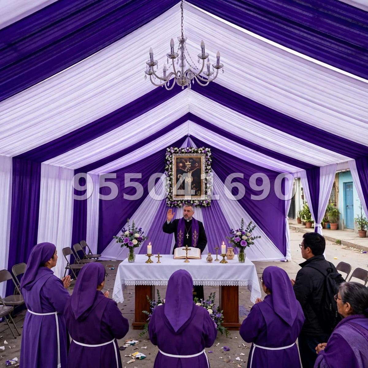 Fondo de altar Señor de los Milagros diseño 3: con entelado completo de pared y marco dorado