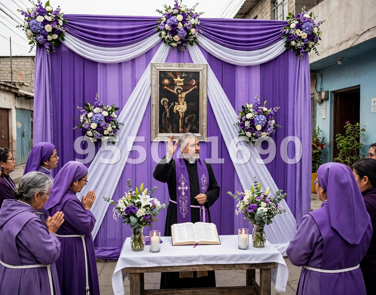 Fondo de altar Señor de los Milagros diseño 4: con cortinas recogidas a los lados