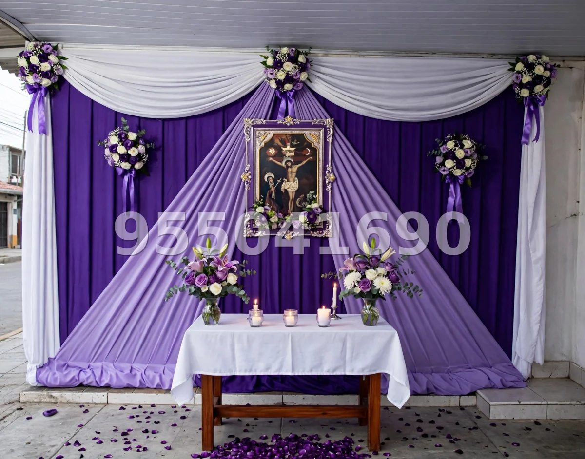 Fondo de altar Señor de los Milagros diseño 4: con cortinas recogidas a los lados
