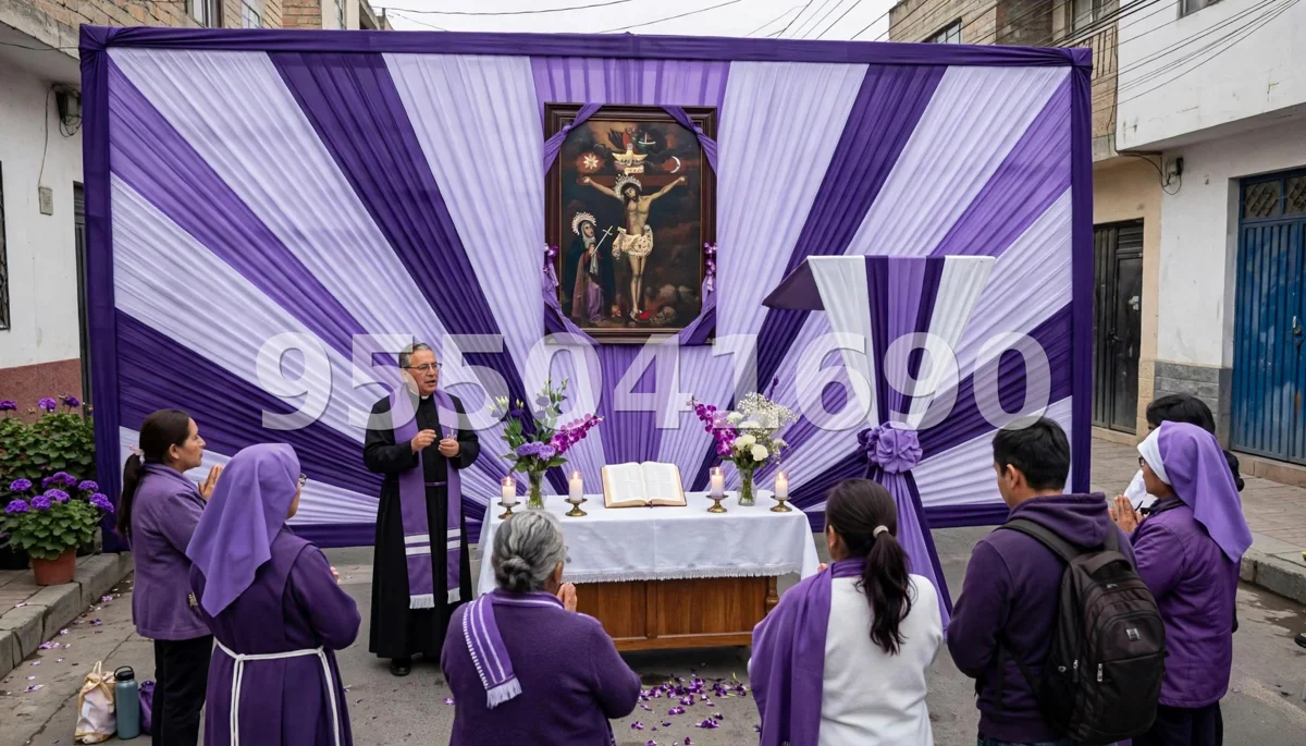 Fondo de altar Señor de los Milagros diseño 5: con marco amplio y cortinas en dos tonos