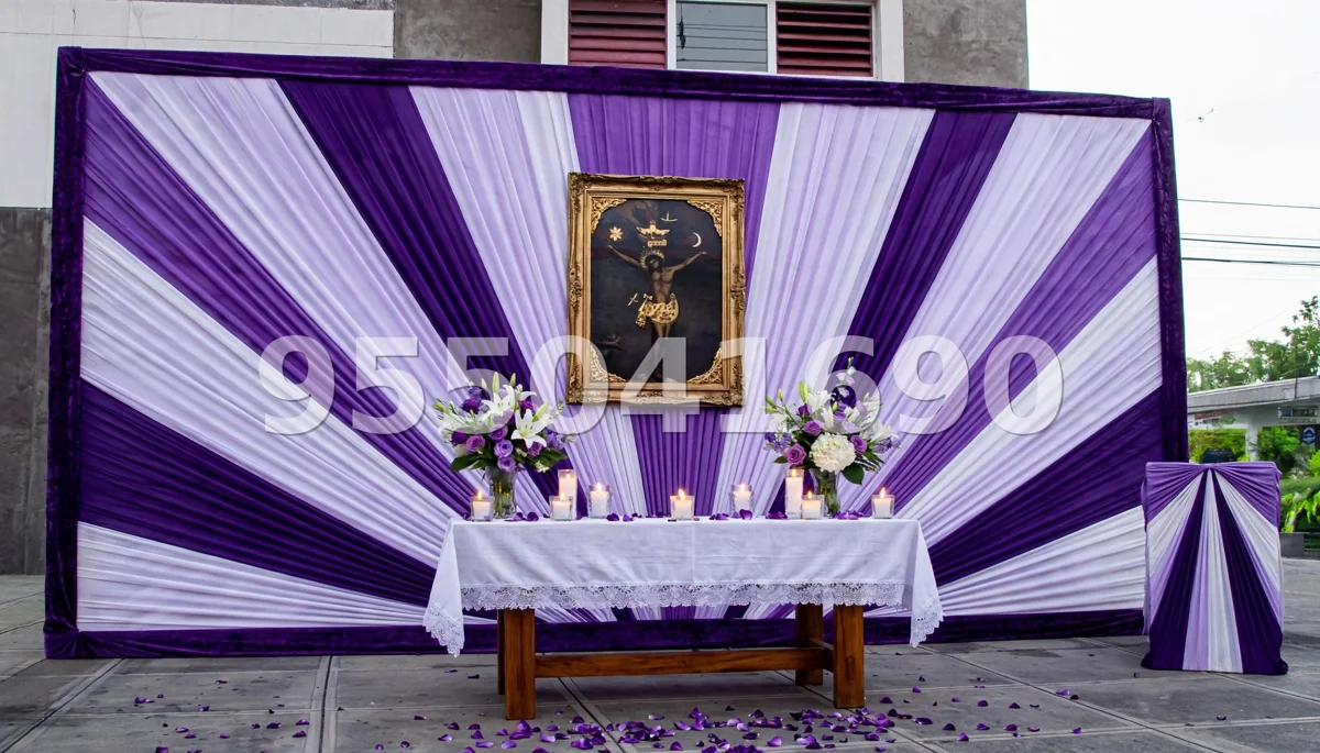 Fondo de altar Señor de los Milagros diseño 5: con marco amplio y cortinas en dos tonos