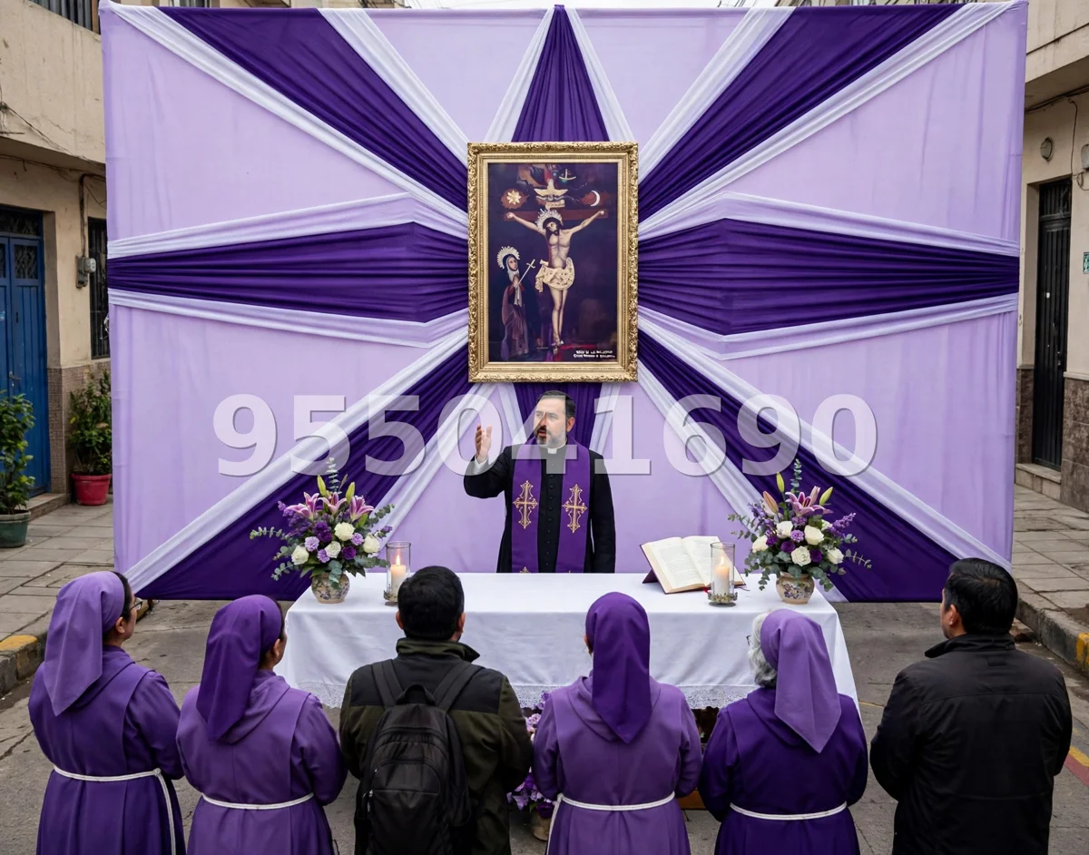 Fondo de altar Señor de los Milagros diseño 6: con panel central blanco y laterales morados