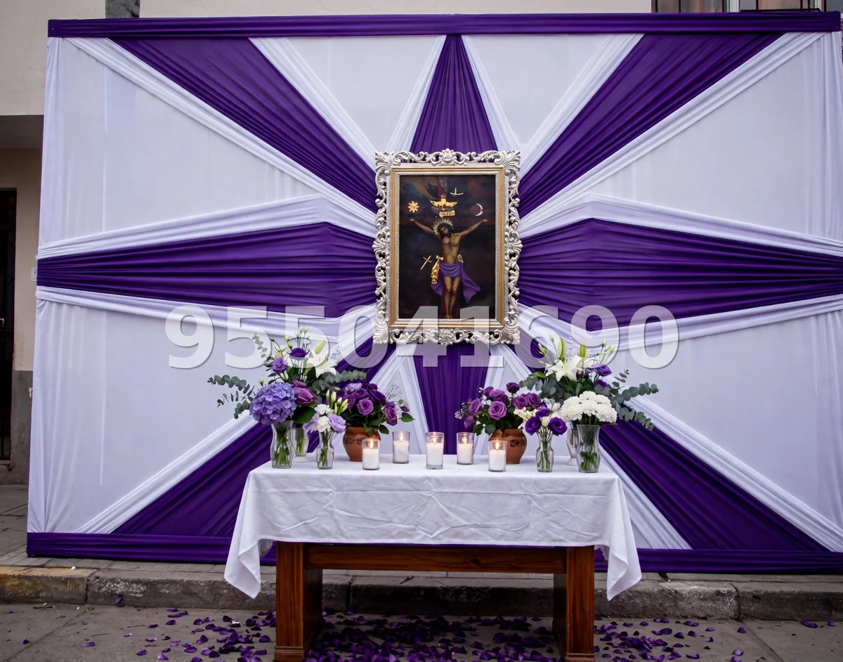 Fondo de altar Señor de los Milagros diseño 6: con panel central blanco y laterales morados