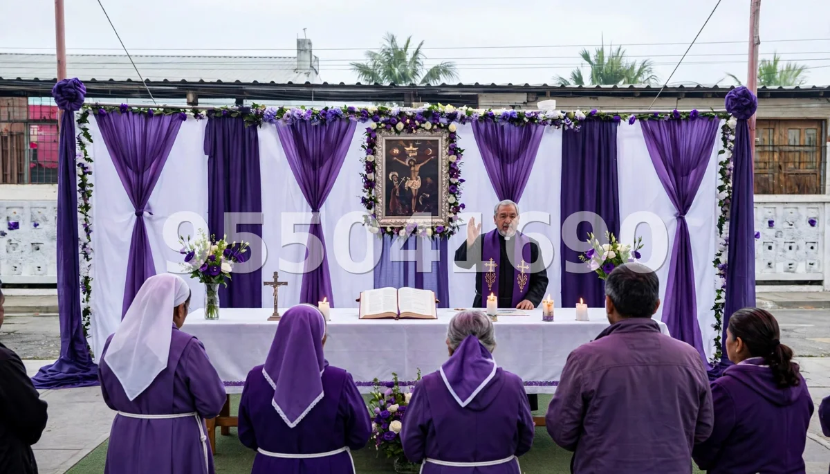 Fondo de altar Señor de los Milagros diseño 7: con mesa baja y pétalos al frente