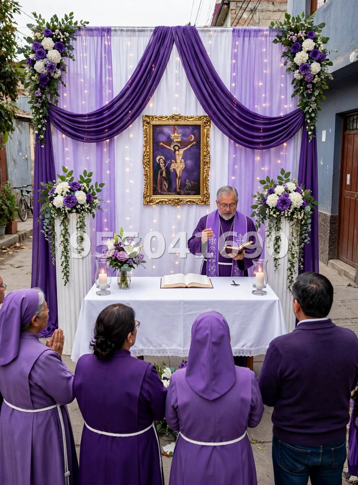 Fondo de altar Señor de los Milagros diseño 8: con el cuadro en marco dorado y cortinas en ondas