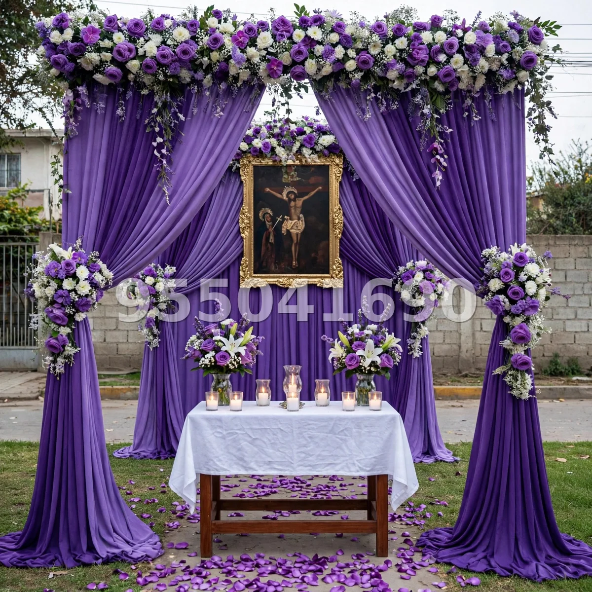 Fondo de altar Señor de los Milagros diseño 9: con guirnalda floral completa en todo el borde superior