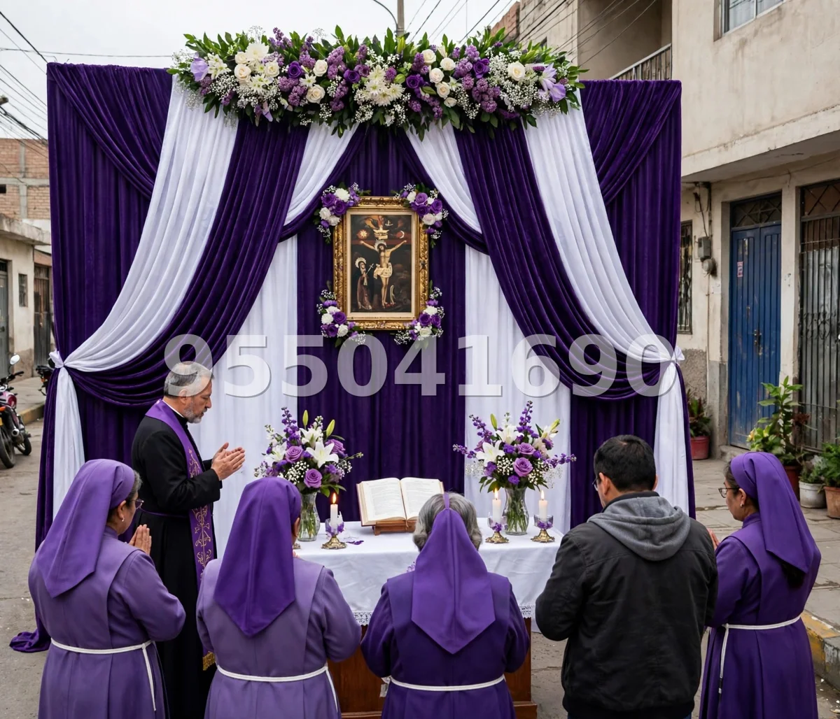 Fondo de altar Señor de los Milagros diseño 10: con cortinas en V y marco dorado