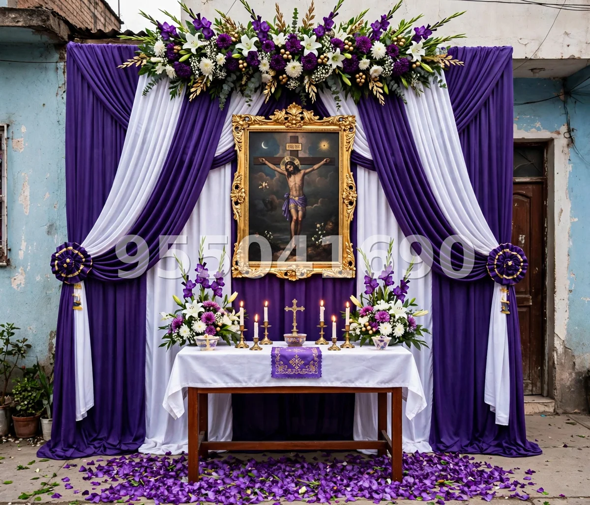 Fondo de altar Señor de los Milagros diseño 10: con cortinas en V y marco dorado