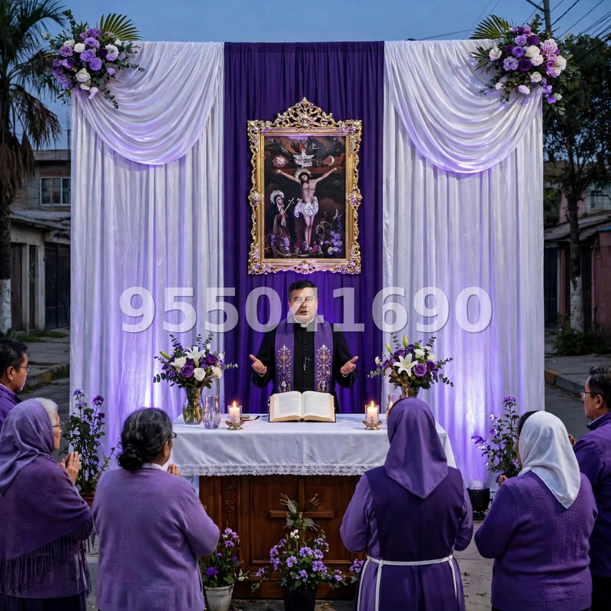 Fondo de altar Señor de los Milagros diseño 11: con panel central morado intenso e iluminación morada