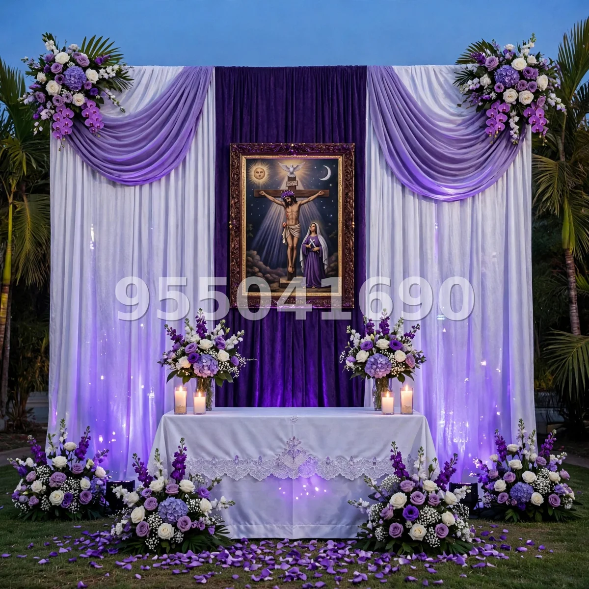 Fondo de altar Señor de los Milagros diseño 11: con panel central morado intenso e iluminación morada