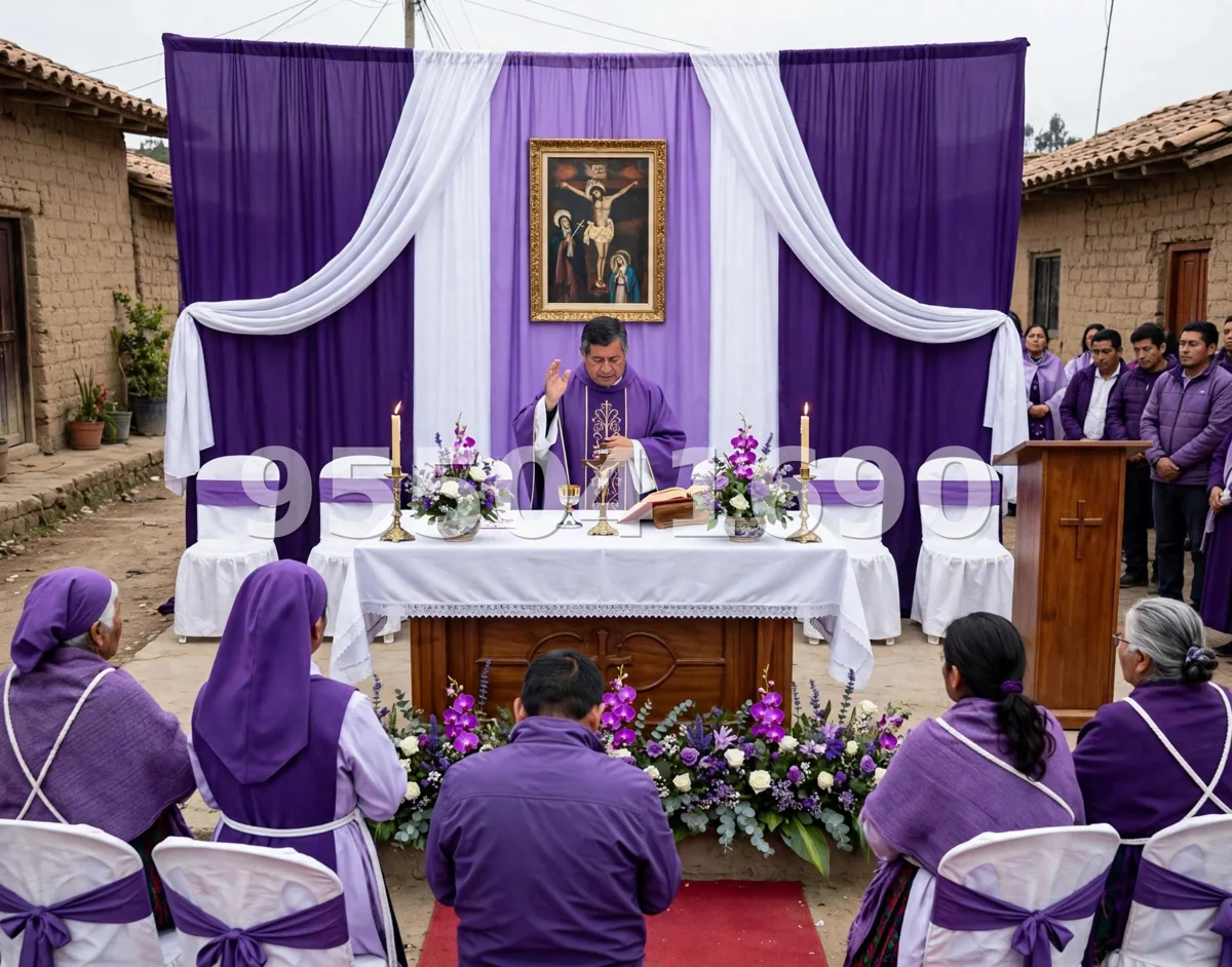 Fondo de altar Señor de los Milagros diseño 12: con cortinas en ondas, sillas vestidas y atril de madera