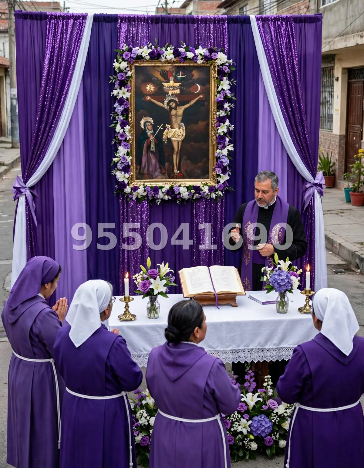 Fondo de altar Señor de los Milagros diseño 14: clásico, con cortinas amarradas y marco dorado