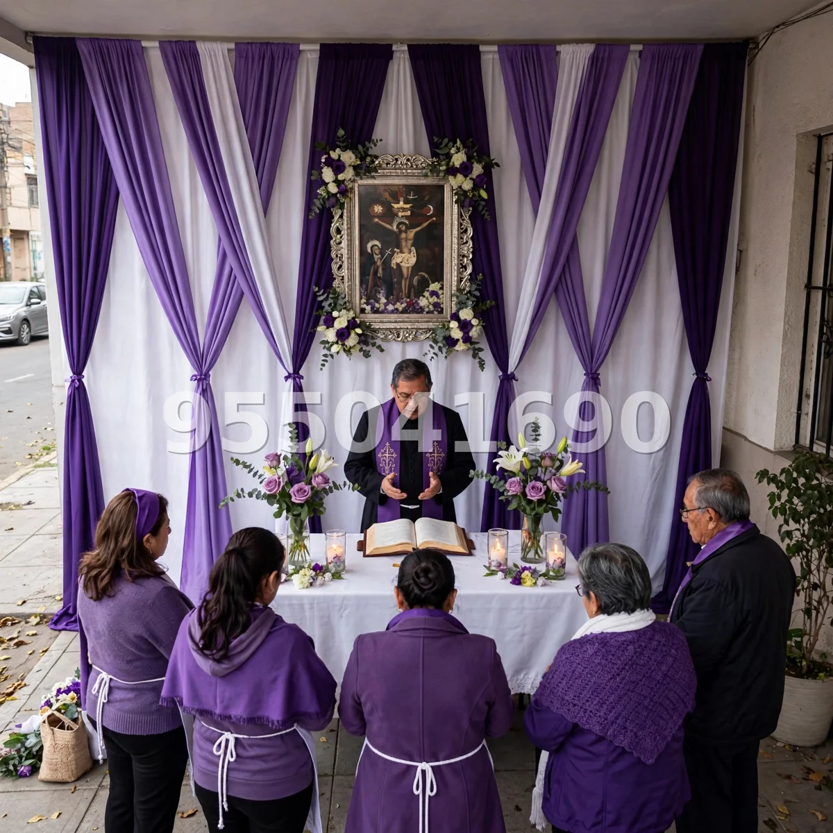 Fondo de altar Señor de los Milagros diseño 15: con cortinas cruzadas en X en morado y blanco