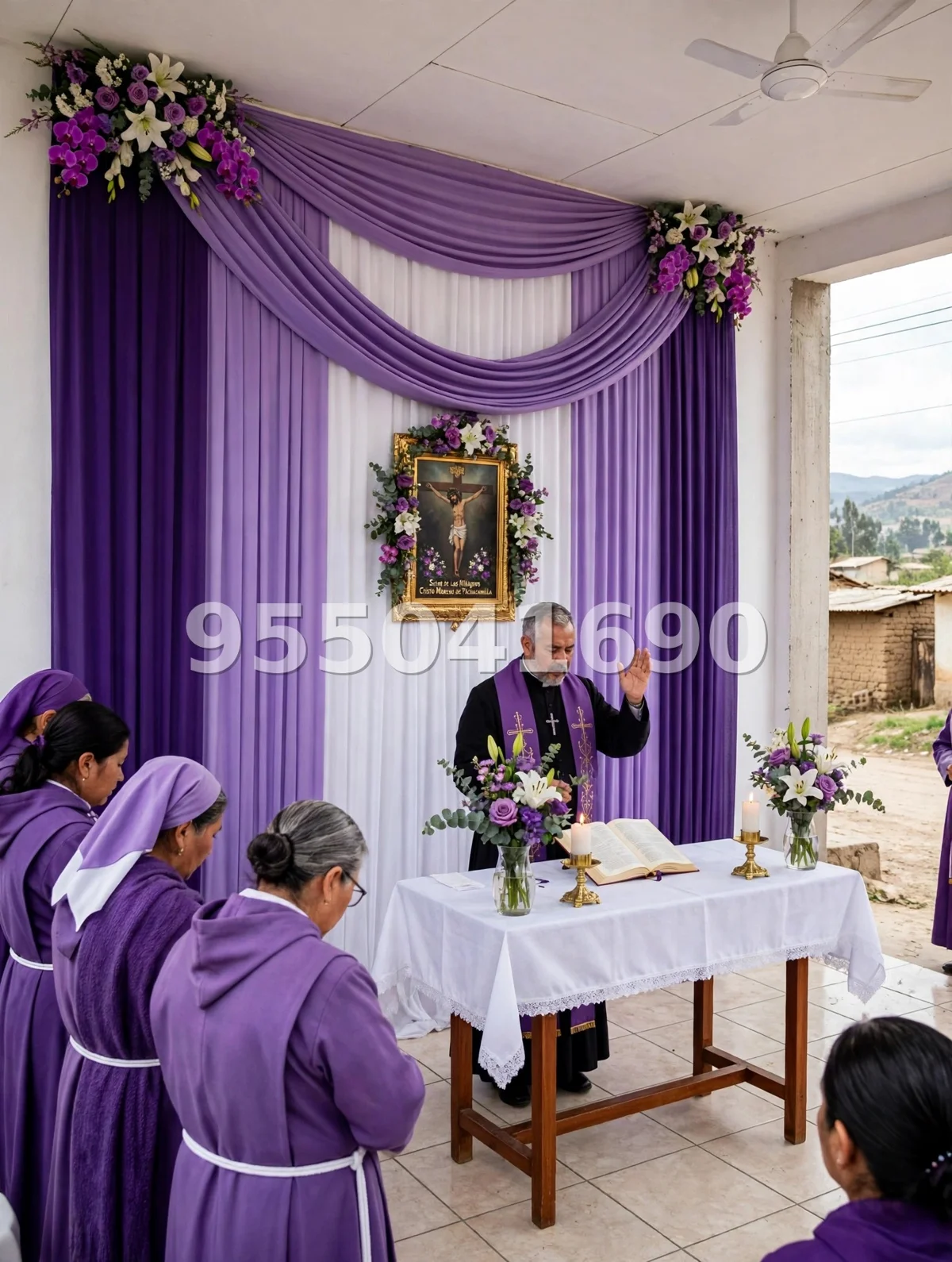 Fondo de altar Señor de los Milagros diseño 16: clásico, con mesa de altar y pétalos en la vereda