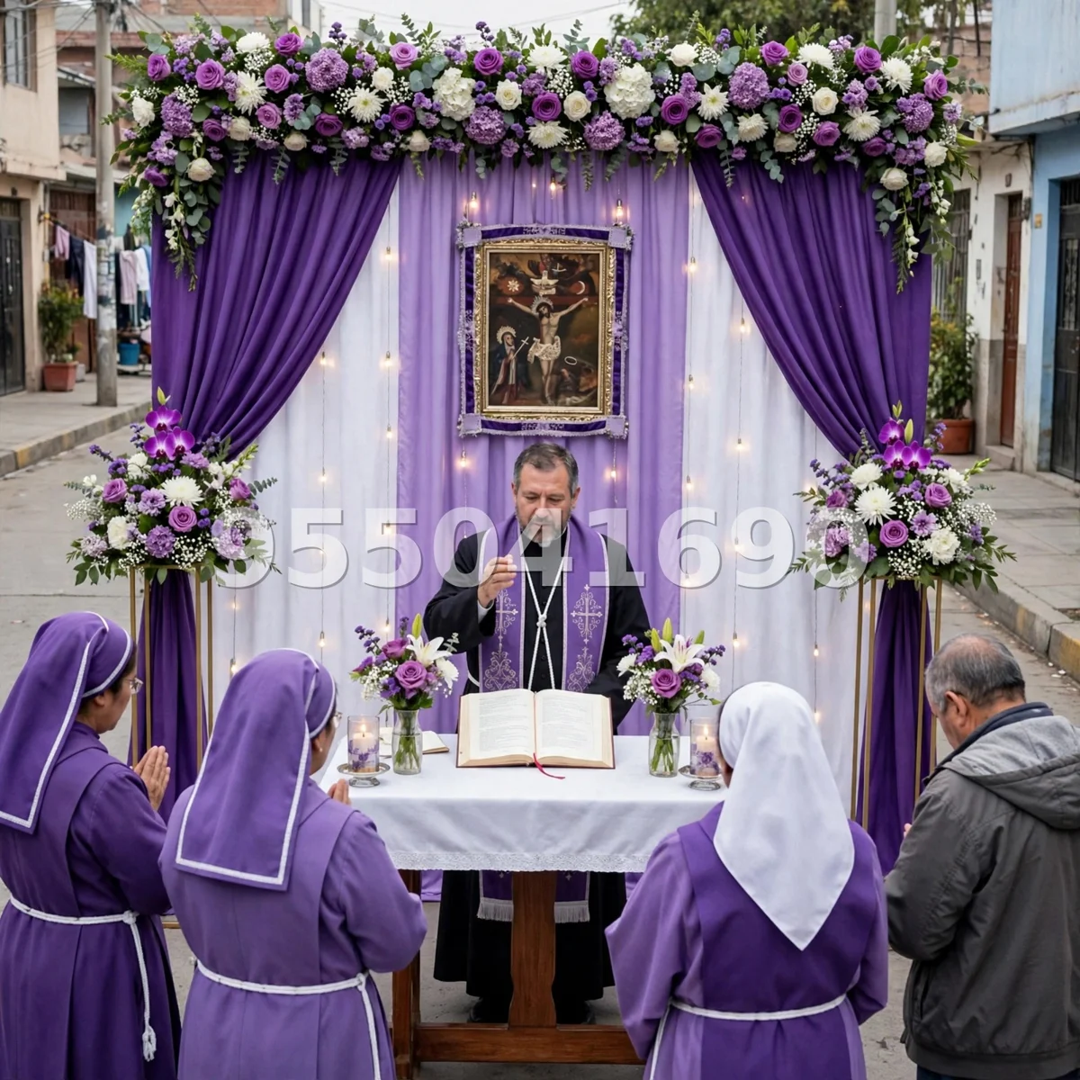 Fondo de altar Señor de los Milagros diseño 17: con drapeado lateral y marco dorado
