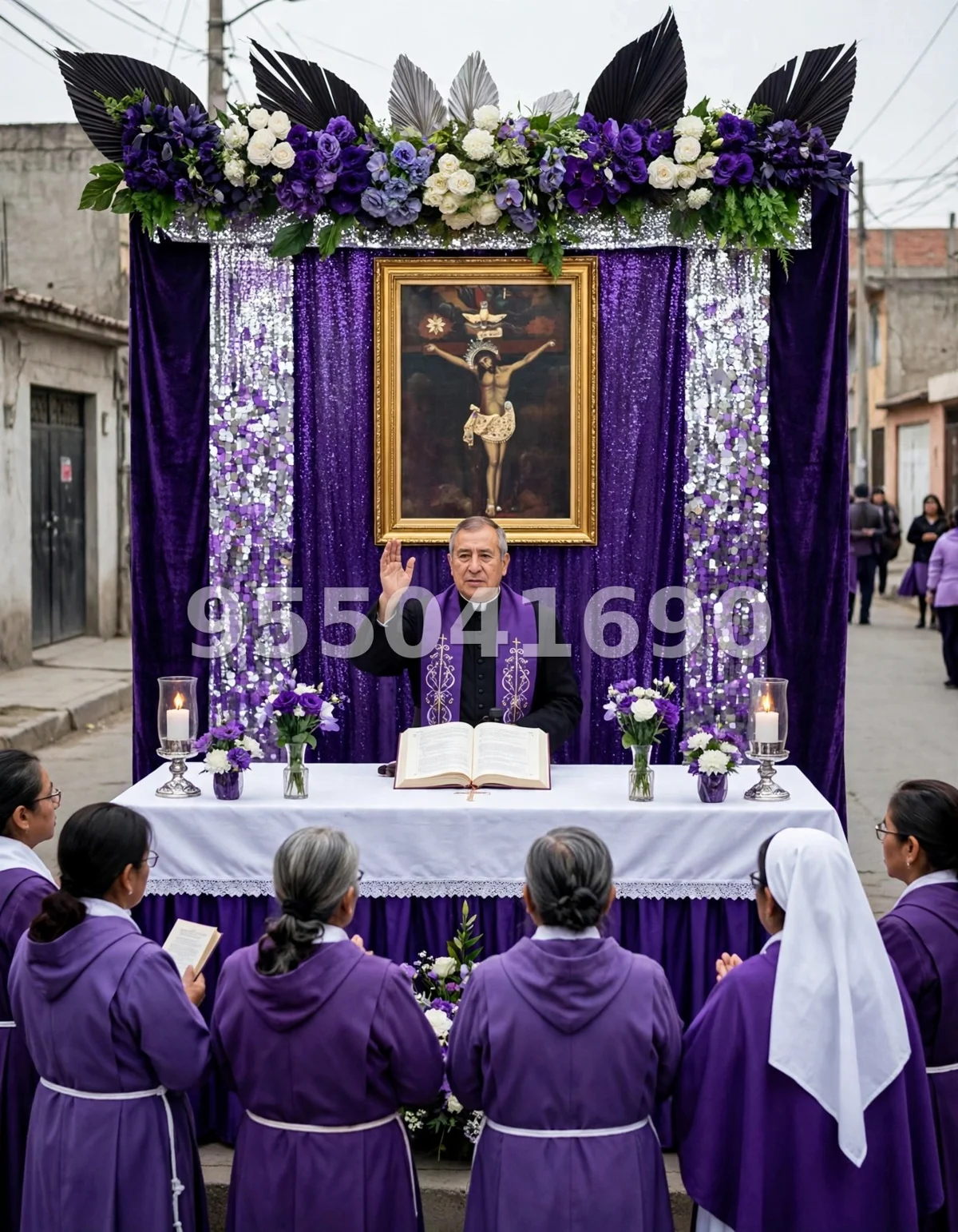 Fondo de altar Señor de los Milagros diseño 19: con guirnalda de palmas arriba y mesa con cascada de flores