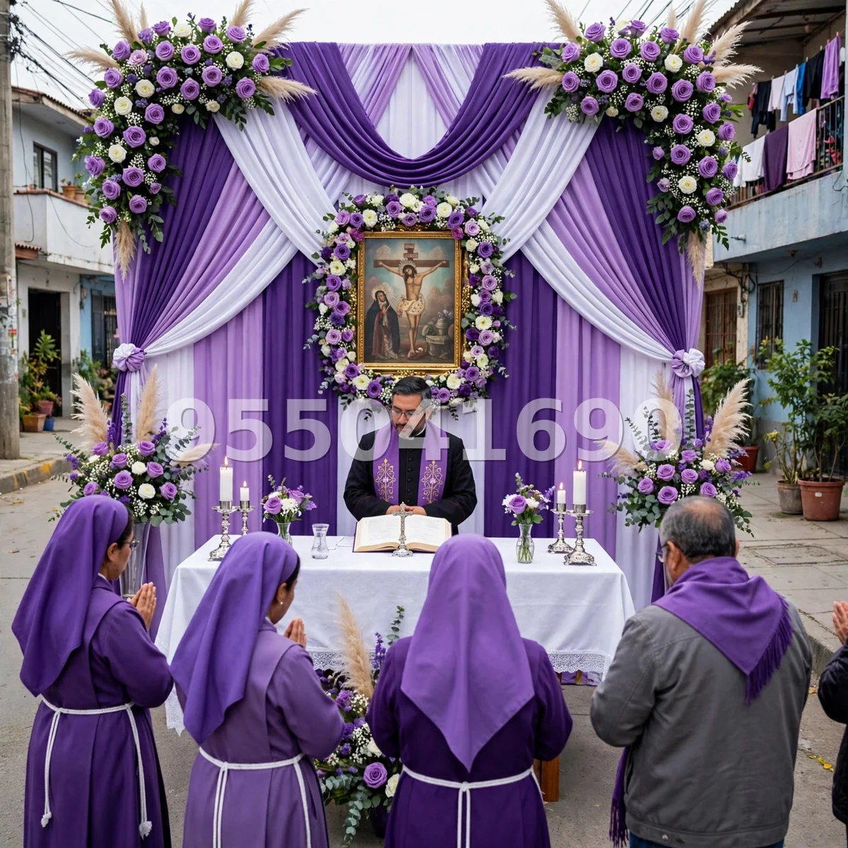 Fondo de altar Señor de los Milagros diseño 20: completo, con velas, floreros y pétalos en el suelo