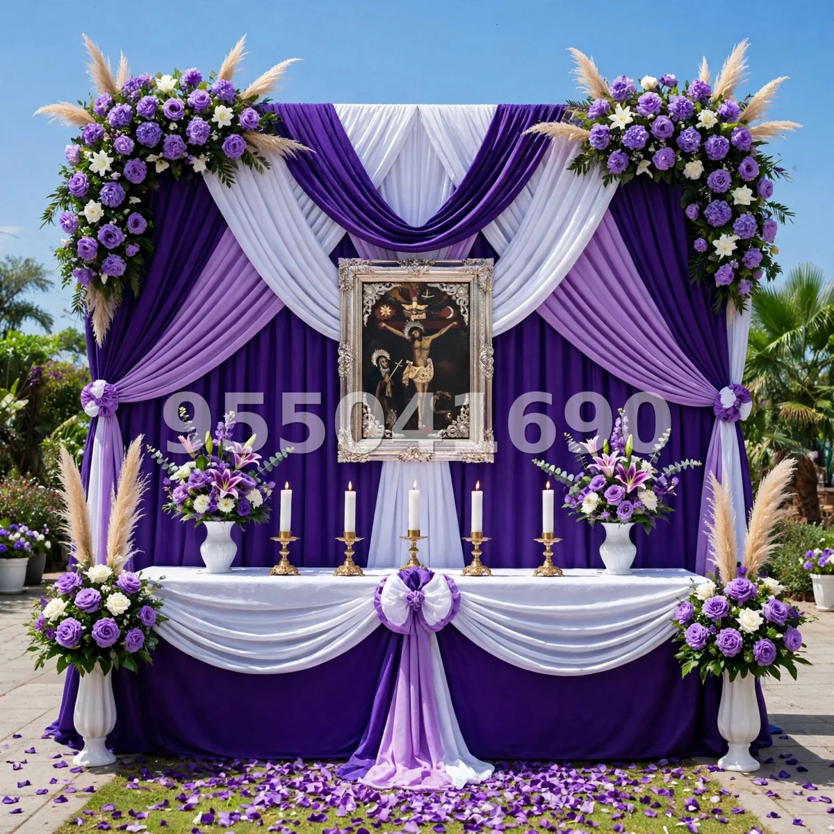 Fondo de altar Señor de los Milagros diseño 20: completo, con velas, floreros y pétalos en el suelo