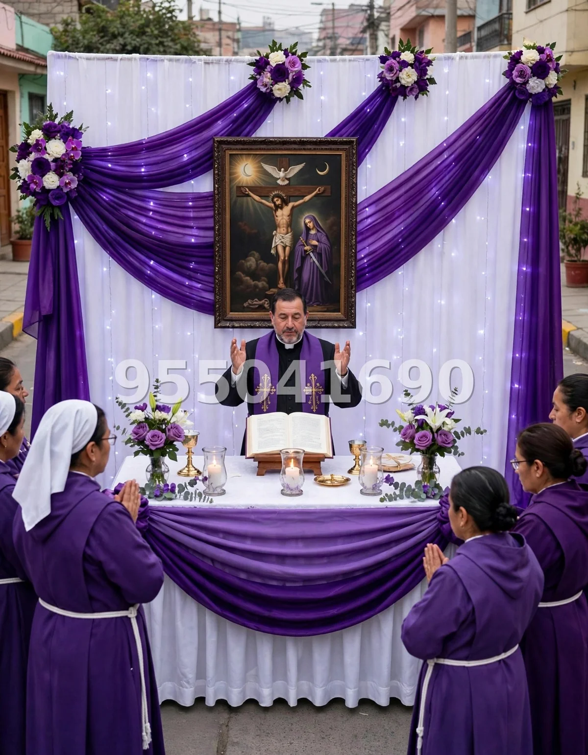 Fondo de altar Señor de los Milagros diseño 21: clásico, con cortinas en dos tonos y marco dorado