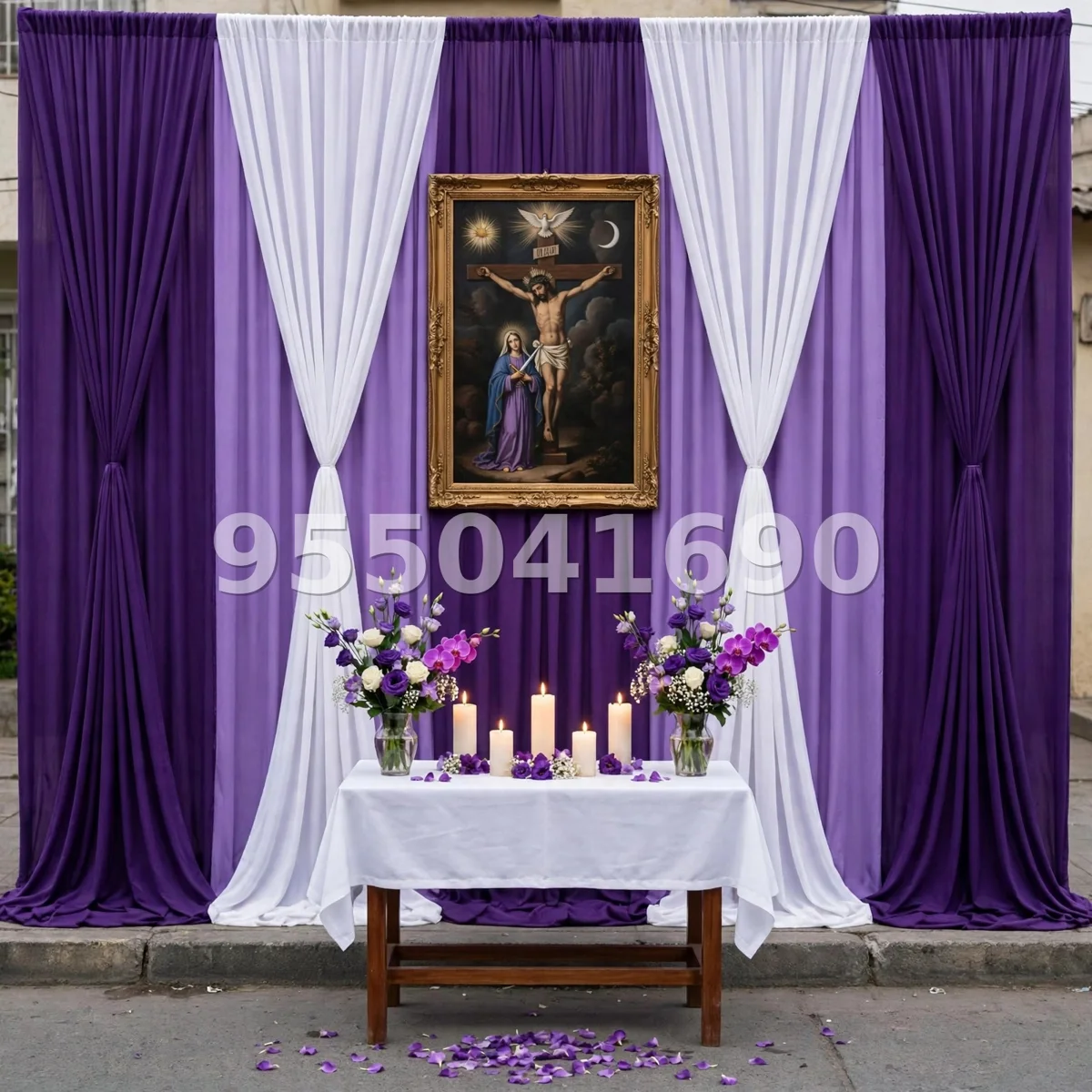 Fondo de altar Señor de los Milagros diseño 22: con cortinas amarradas en blanco puro y morado