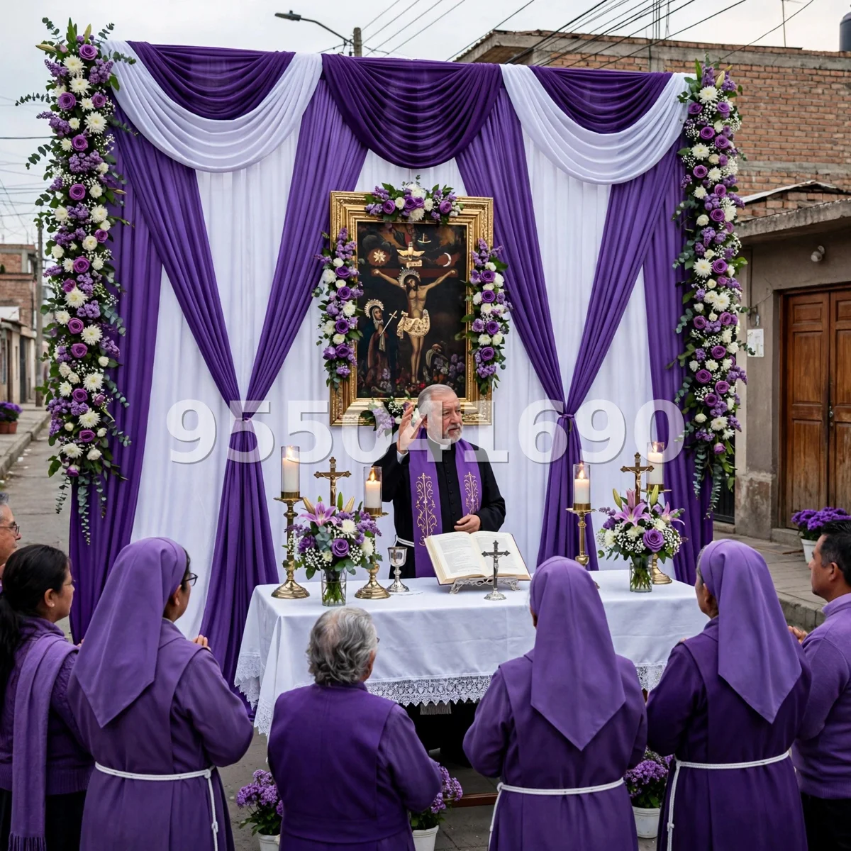 Fondo de altar Señor de los Milagros diseño 24: con columnas florales a los lados del cuadro