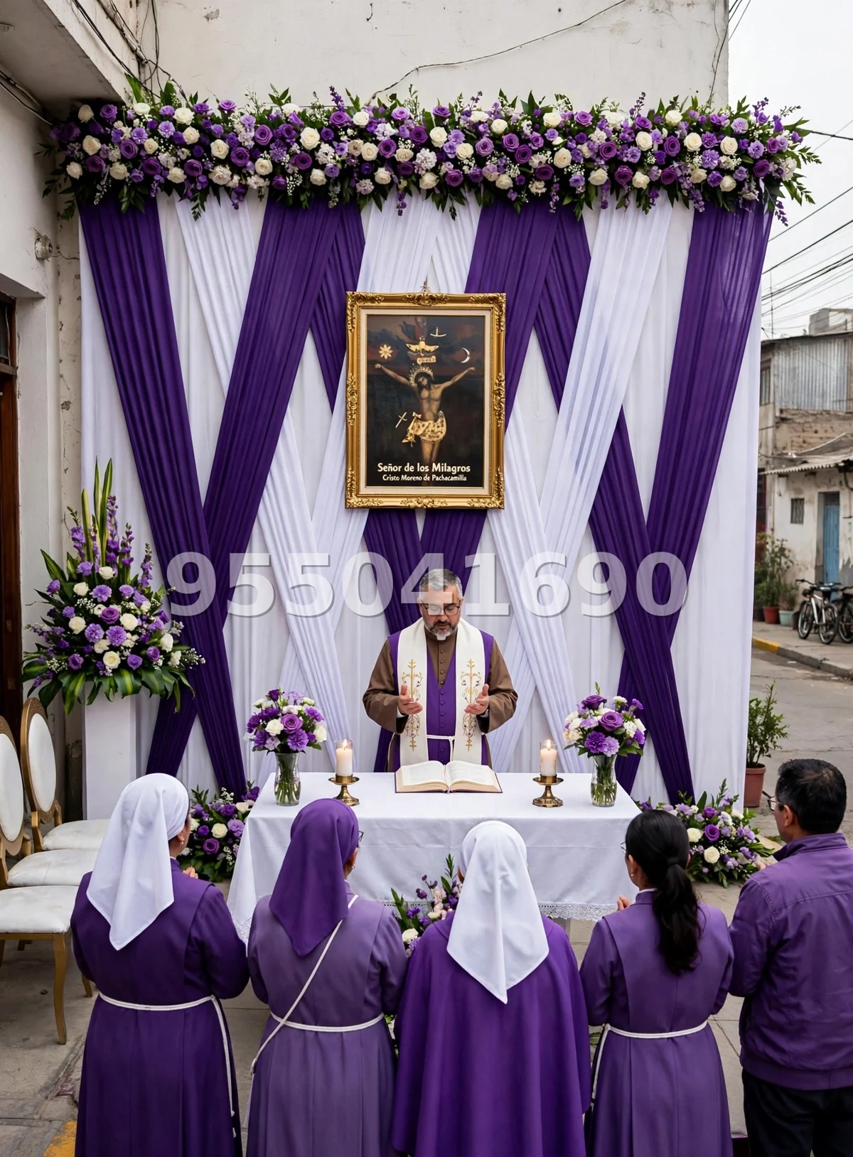 Fondo de altar Señor de los Milagros diseño 25: con cruces diagonales en morado de dos tonos y blanco