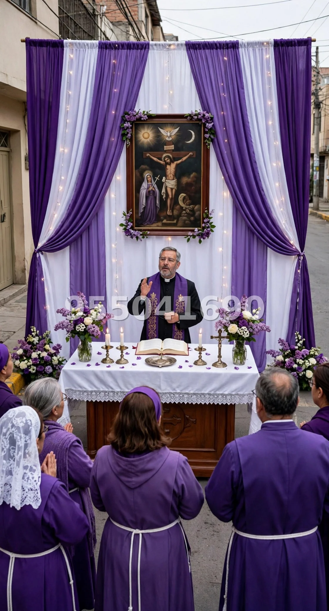 Fondo de altar Señor de los Milagros diseño 27: con globos laterales morado y blanco del diseño