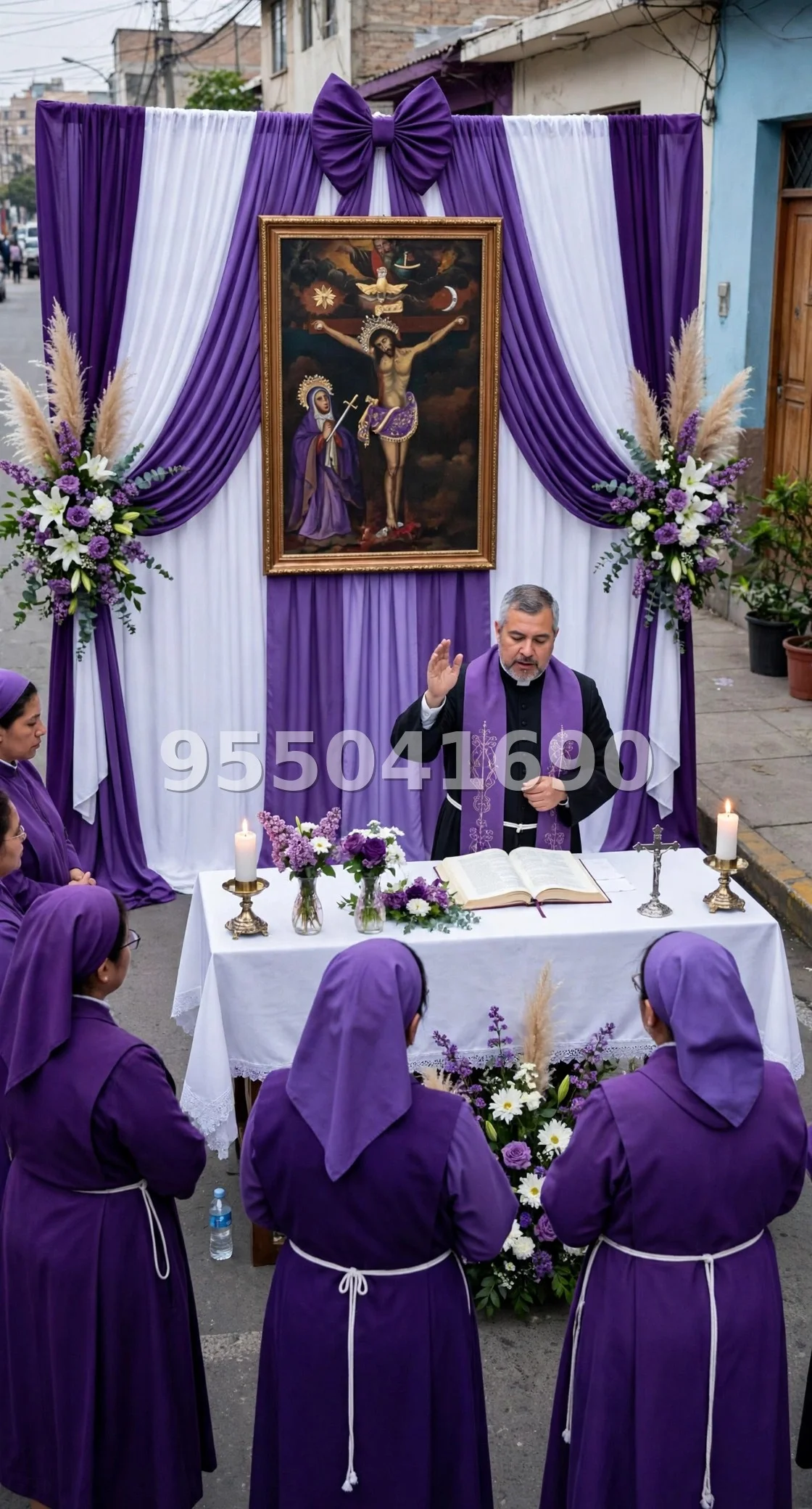 Fondo de altar Señor de los Milagros diseño 28: con lazo superior y cortinas en varios tonos