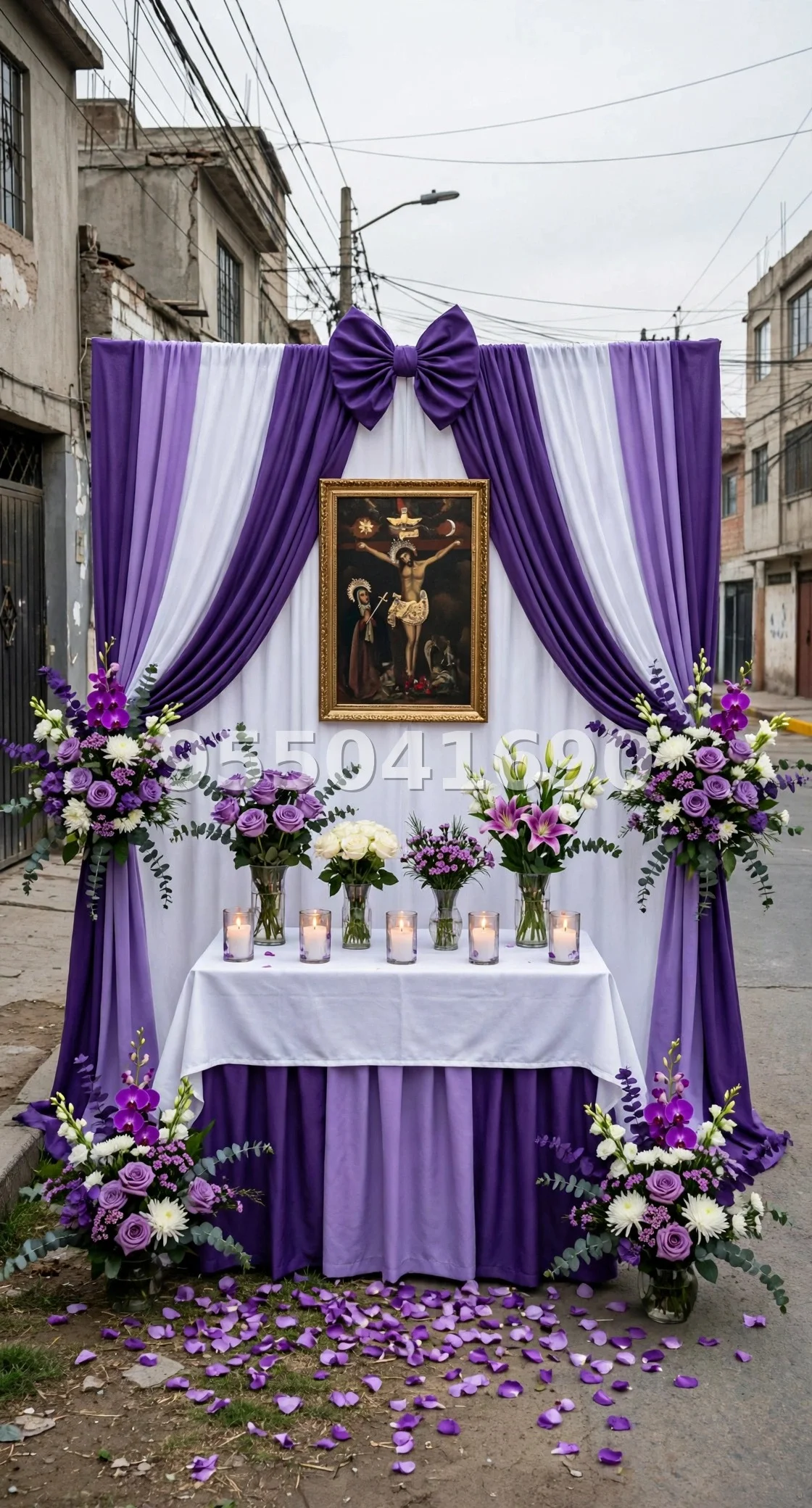 Fondo de altar Señor de los Milagros diseño 28: con lazo superior y cortinas en varios tonos