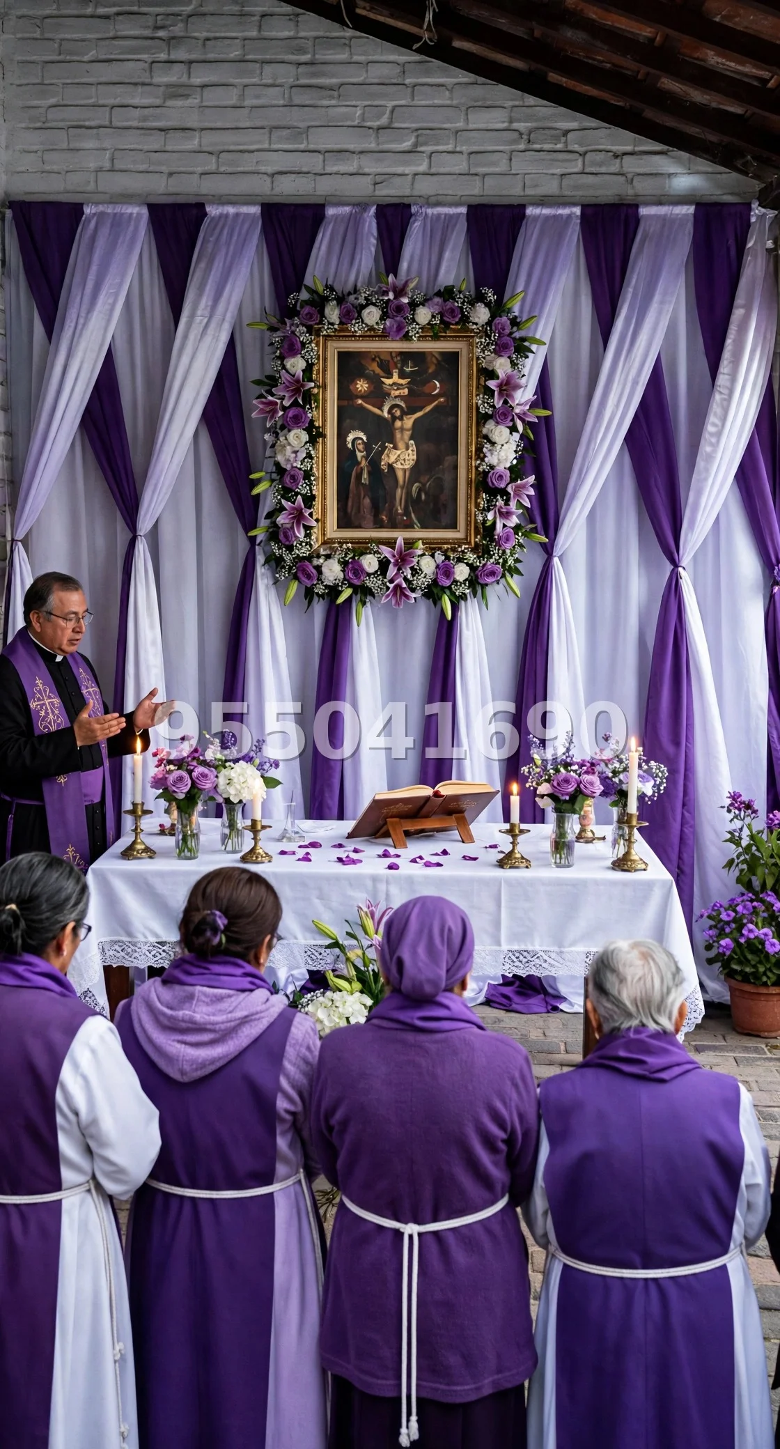 Fondo de altar Señor de los Milagros diseño 29: ideal para patio o vereda, en morado y blanco