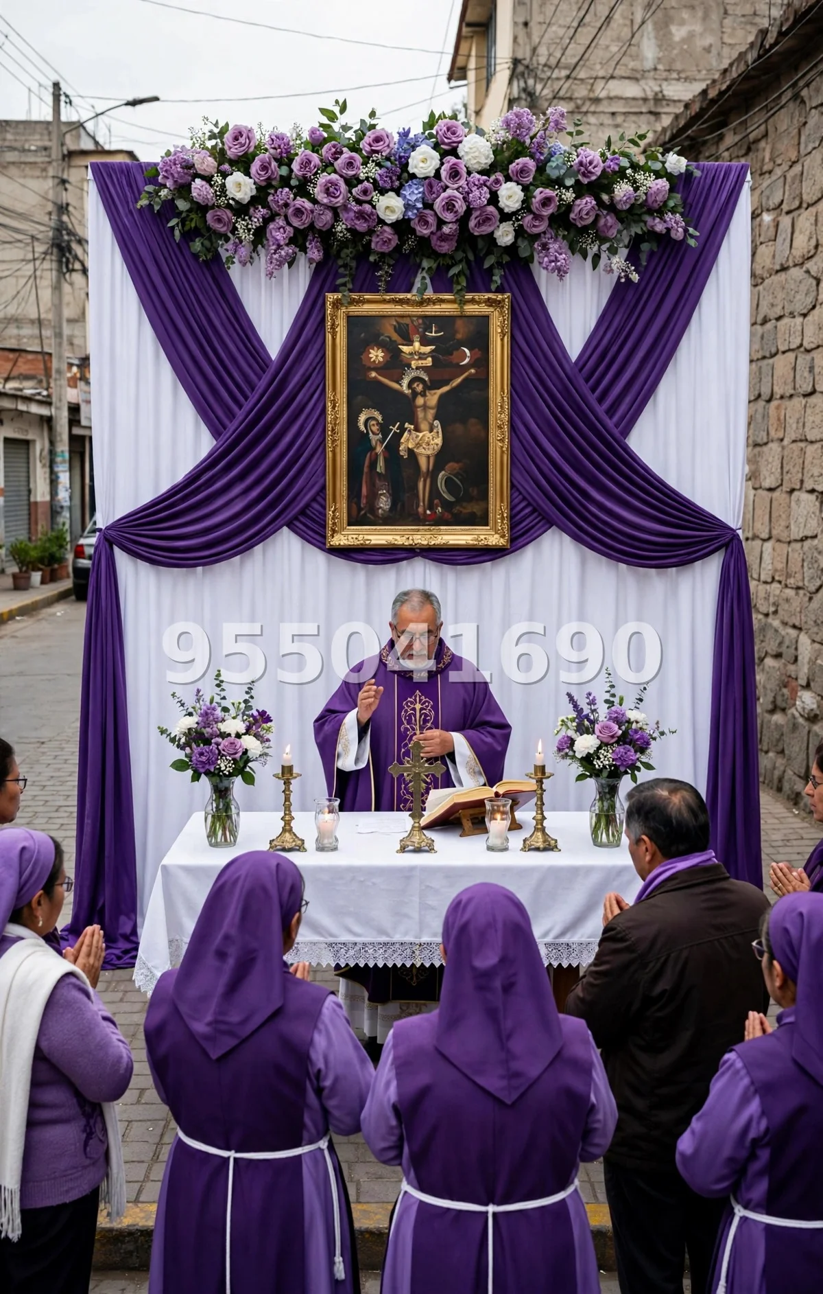 Fondo de altar Señor de los Milagros diseño 30: clásico en morado y blanco, con pétalos al frente