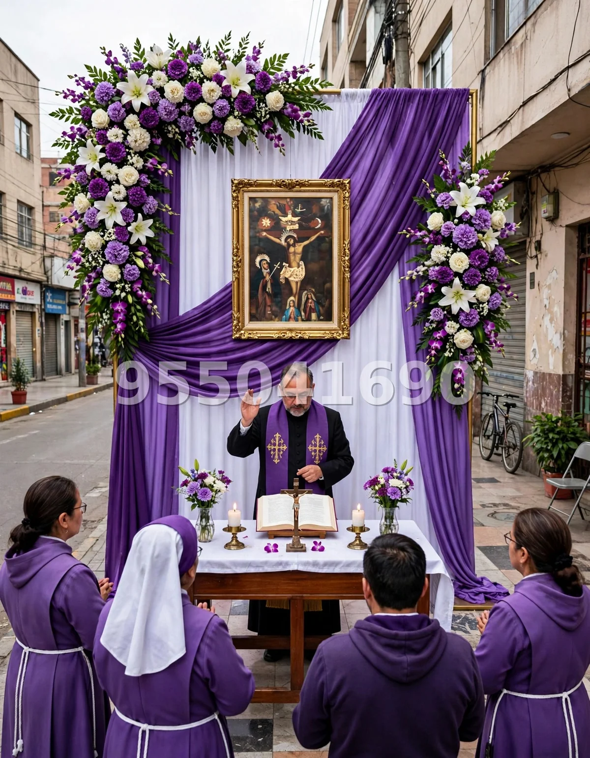 Fondo de altar Señor de los Milagros diseño 31: con columnas de lirios y rosas a los lados del cuadro