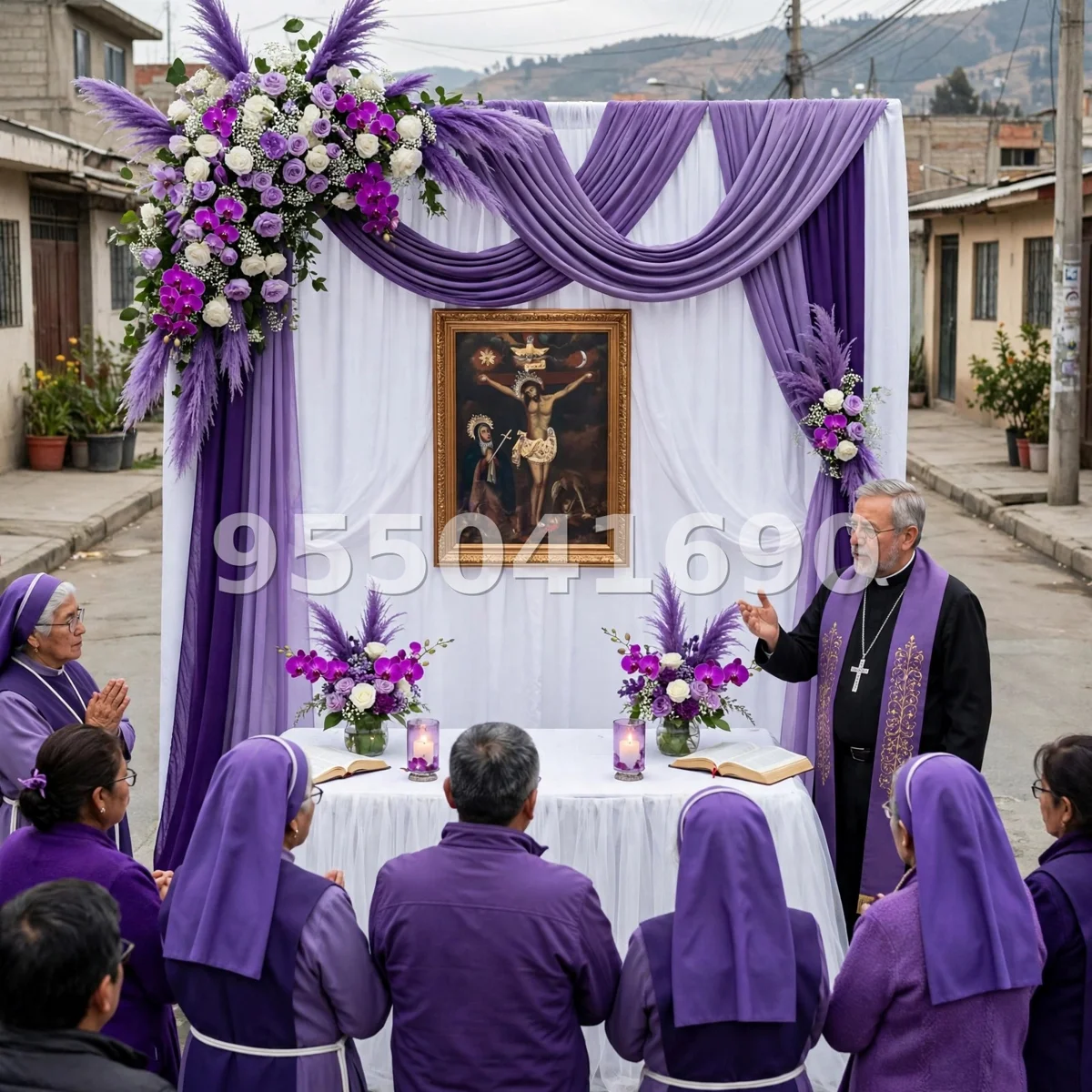 Fondo de altar Señor de los Milagros diseño 34: con arreglos de pampas y flores a los lados