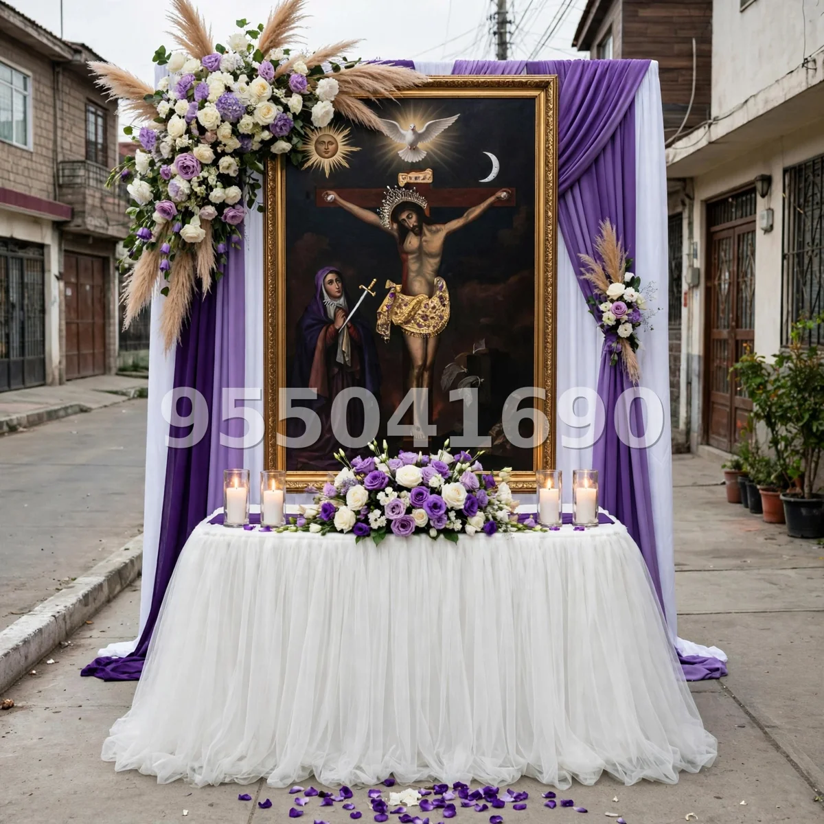 Fondo de altar Señor de los Milagros diseño 34: con arreglos de pampas y flores a los lados