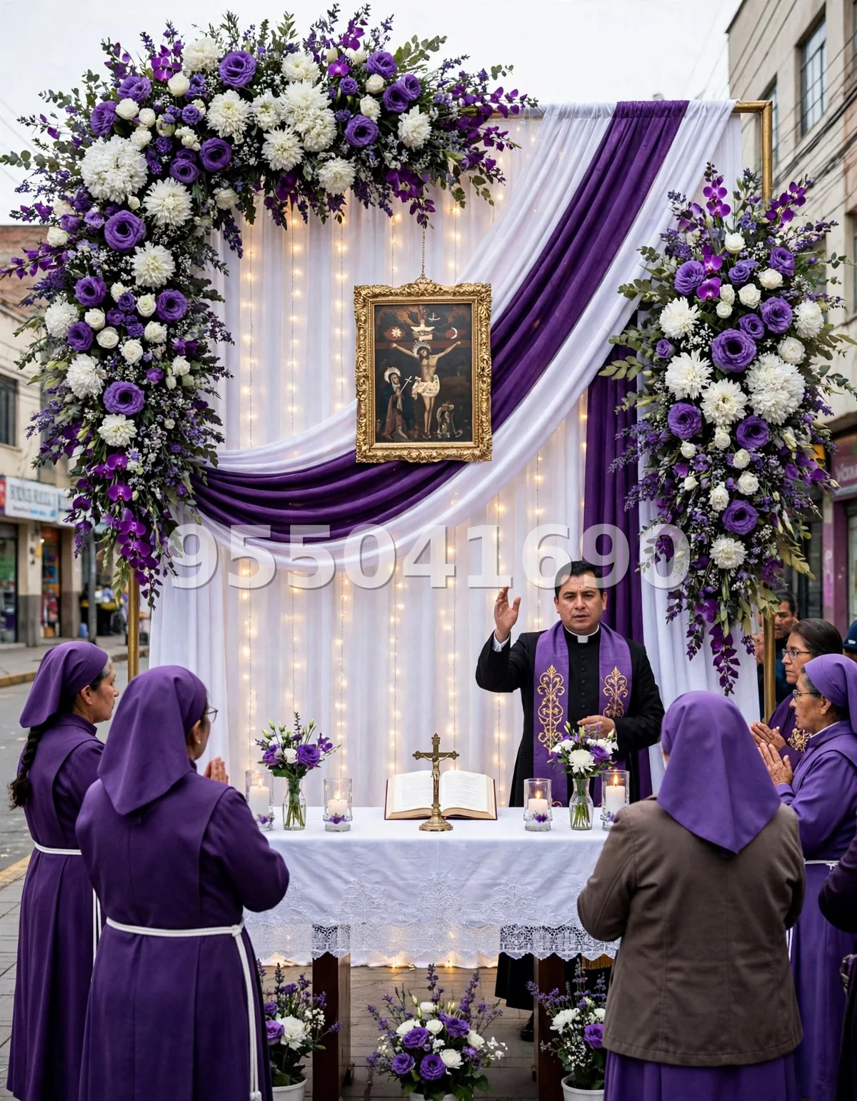 Fondo de altar Señor de los Milagros diseño 35: con el cuadro enmarcado en flores moradas y blancas