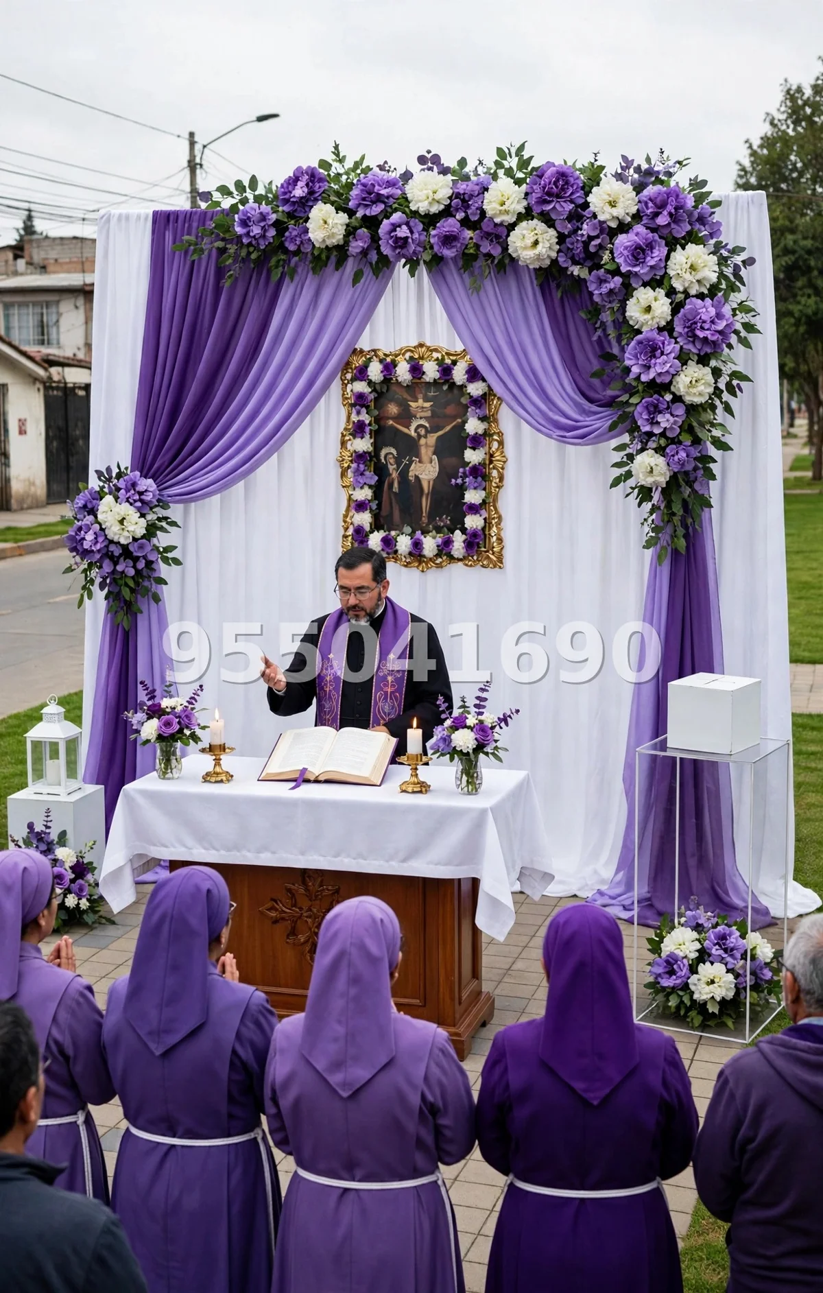 Fondo de altar Señor de los Milagros diseño 37: en morado nazareno completo, de pared a pared