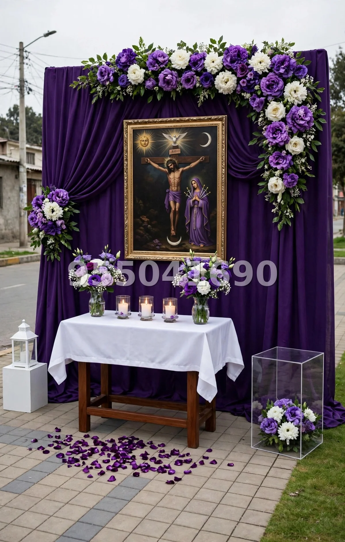Fondo de altar Señor de los Milagros diseño 37: en morado nazareno completo, de pared a pared