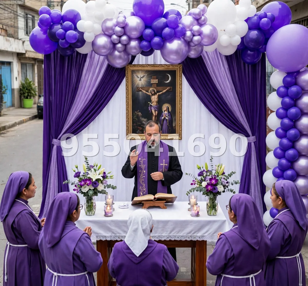 Fondo de altar Señor de los Milagros diseño 40: con arco de globos en morado y blanco
