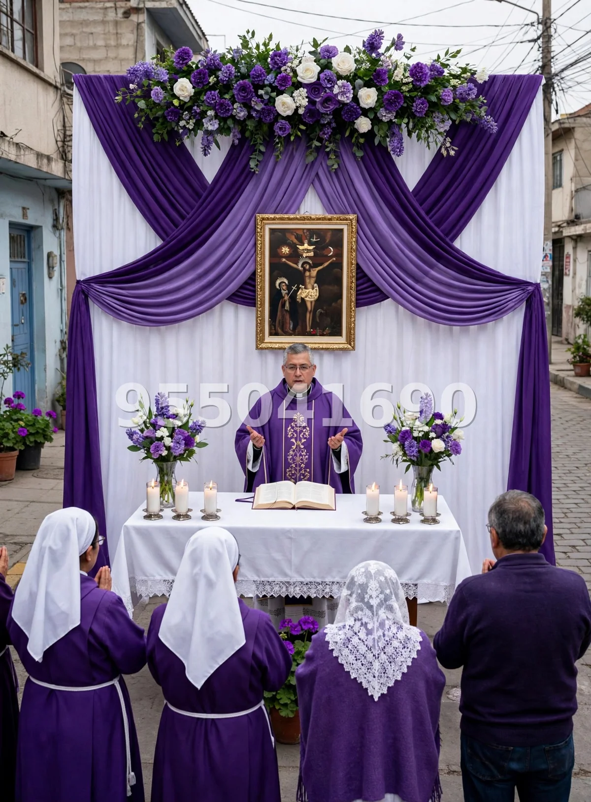 Fondo de altar Señor de los Milagros diseño 42: con telas cruzadas y corona de flores sobre el cuadro