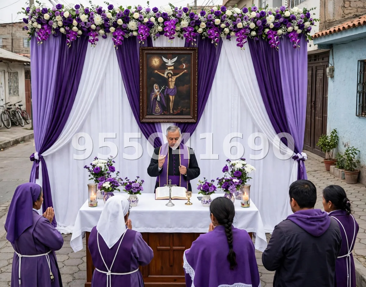 Fondo de altar Señor de los Milagros diseño 46: en varios tonos de morado, con marco dorado