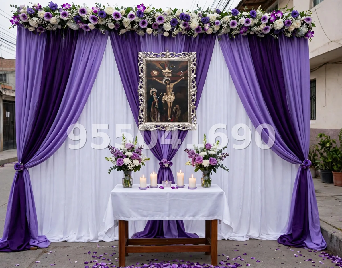 Fondo de altar Señor de los Milagros diseño 46: en varios tonos de morado, con marco dorado