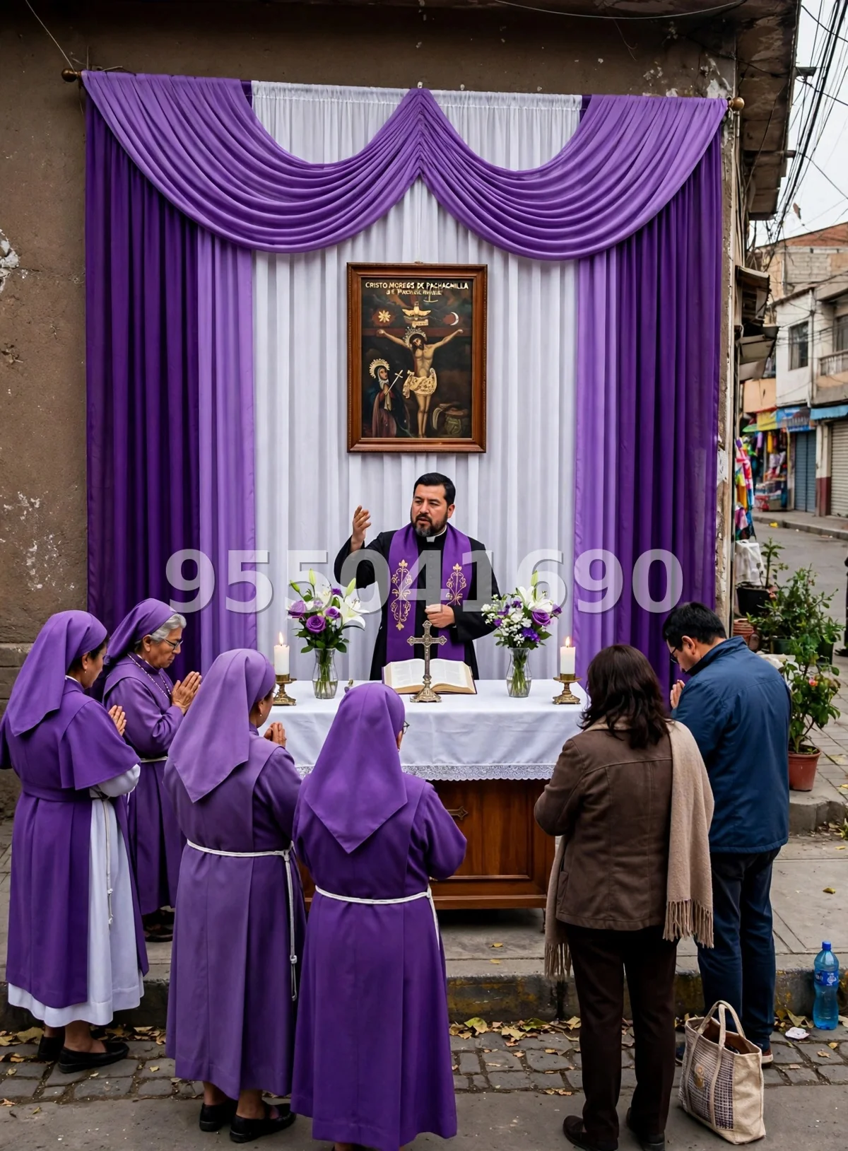 Fondo de altar Señor de los Milagros diseño 53: con caída en ondas y marco dorado